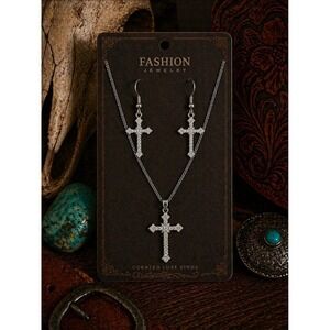 Silver Rhinestone Cross Jewelry Set – Necklace & Earrings | 20" Chain